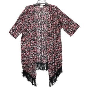 Ember Pink Floral Black‎ Sheer Open Cardigan Shrug Duster Women's XL Fringe Trim